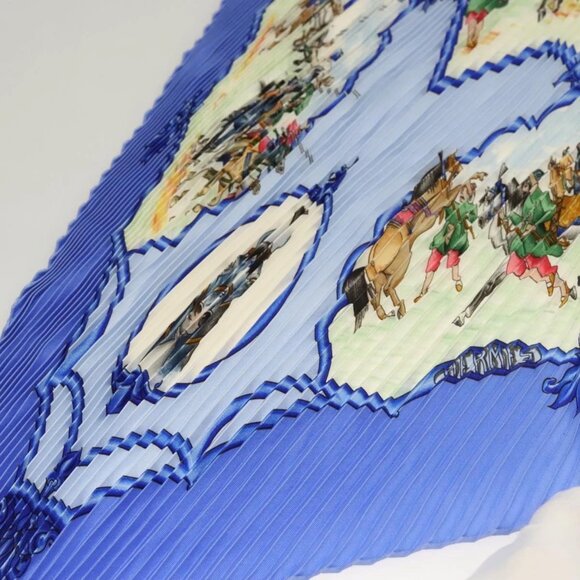 HERMES Pleated Carre 90 Scarf ""LES CHEVAUX DES MOGHOLS"" Silk Blue Auth 135502 - Picture 3 of 16